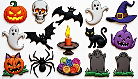 Halloween icons set with pumpkin, bat, spider, gravestone, ghost, black cat, candle, grave and other elementsの素材