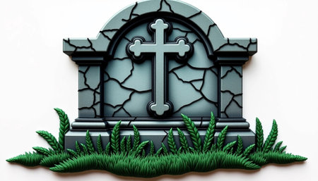 Cross on the tombstone with grass on white background. Halloween conceptの素材