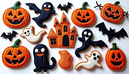 Halloween gingerbread cookies on white background, top view. Halloween treatsの素材