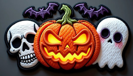 Halloween decoration with scary pumpkins and skulls on black background.の素材