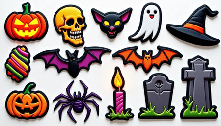 Halloween decorations on a white background. Jack o lantern, pumpkin, bat, skull, cross, spider, ghost, bat.の素材