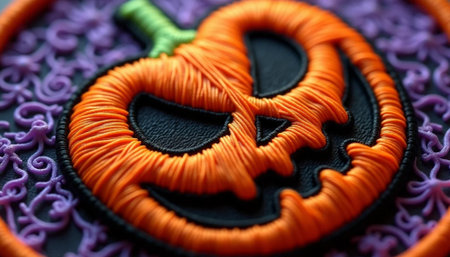 Halloween pumpkin decoration with orange and purple ribbon. Halloween background.の素材