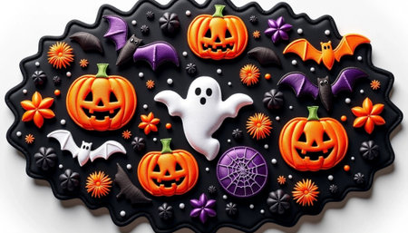 Halloween decoration with pumpkins, bats and spiders on white backgroundの素材