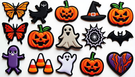 Halloween sweets on a white background. Pumpkin, ghost, spider, bat, spider, spider.の素材
