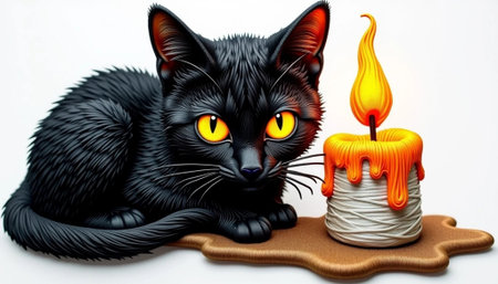 Black cat with a candle on a white background, 3d illustrationの素材