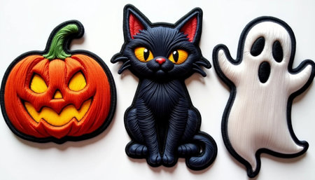 Halloween decoration on white background. Black cat and pumpkins.の素材