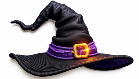 Witch hat with black and purple witch hat isolated on white backgroundの素材