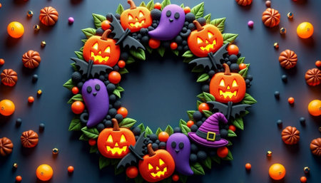 Halloween background with pumpkins, spiders, bats, spiders and other decorationsの素材