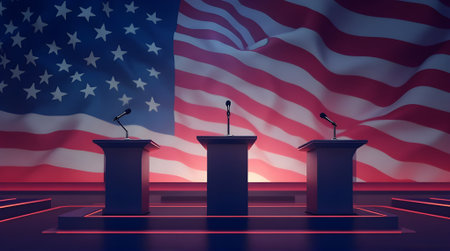 Podium lectern with microphones on USA flag background. 3D renderingの素材