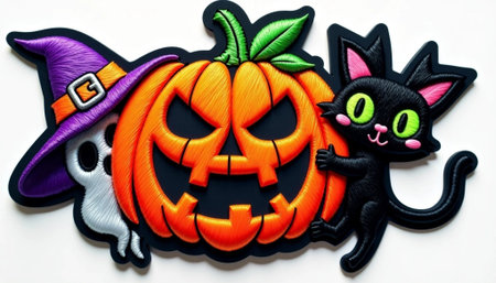 Halloween pumpkin decoration with black cat and black cat on white backgroundの素材