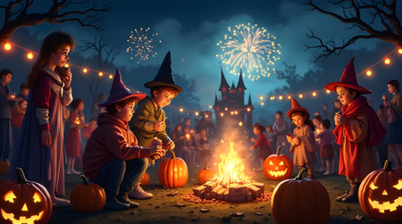 Happy children in halloween costume having fun with jack o lanternの素材