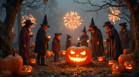 Halloween scene with pumpkins and a group of people in costumesの素材