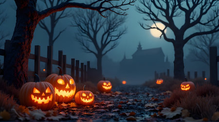Halloween pumpkins in the cemetery at night. 3D renderingの素材