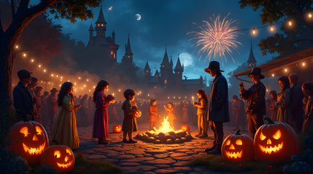 Halloween background with pumpkins and people in front of the castleの素材