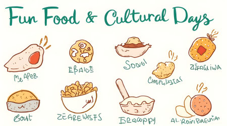 Illustration of set of hand drawn food and drink icons on white backgroundの素材