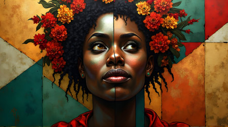 Portrait of a beautiful African American woman with flowers in her hair.の素材
