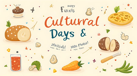 Culinary day banner with hand drawn fruits and vegetables. Vector illustration.の素材