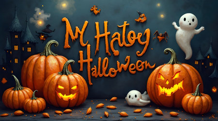 Halloween background with pumpkins, ghosts, ghosts and letteringの素材