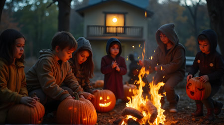 Group of children in Halloween costumes having fun with jack-o-lanternの素材