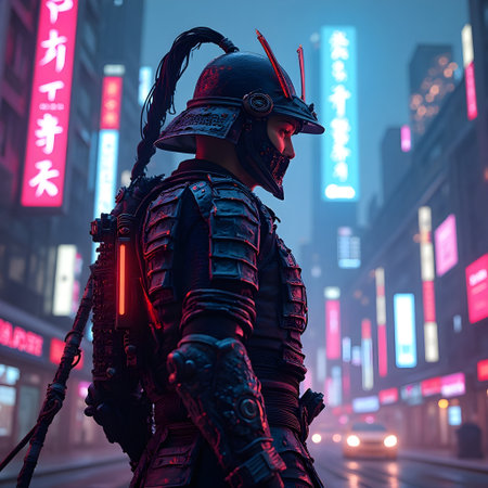 3D rendering of a cyberpunk warrior in the city at nightの素材