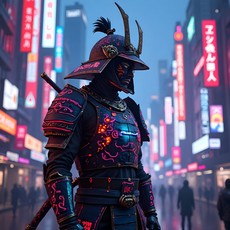 Cosplayer dressed as a samurai poses in Shinjuku, Tokyo, Japan.の素材