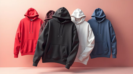 Hoodies of different colors on a pink background. 3d renderingの素材