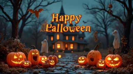 Halloween background with pumpkins, ghosts and witch's house at nightの素材