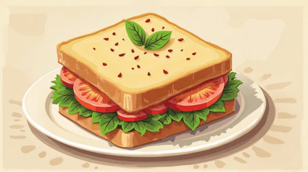 Illustration of a sandwich with cheese and tomato on a white plateの素材