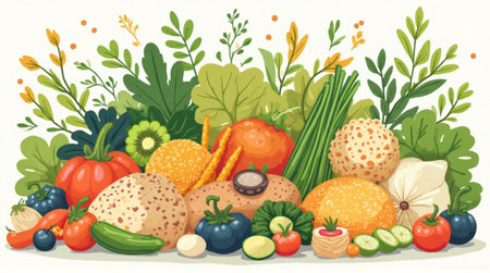 Vegetables and fruits. Vector illustration of fresh organic food.の素材