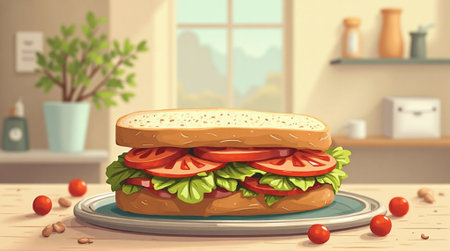 Illustration of a sandwich on a wooden table in the kitchen.の素材