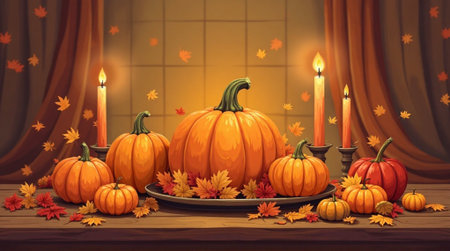 Autumn still life with pumpkins, candles and leaves. Vector illustration.の素材
