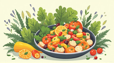 Healthy salad with fruits and vegetables in a bowl. Vector illustration.の素材
