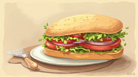 Illustration of a hamburger with lettuce, tomato, onion and cheeseの素材