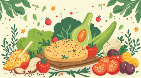 Vegetarian food vector illustration. Tomato, eggplant, avocado, cucumber, garlic, parsley, olive oil, parsley, spices.の素材