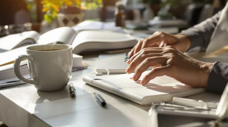 Businessman working at table in cafe, closeup. Space for textの素材