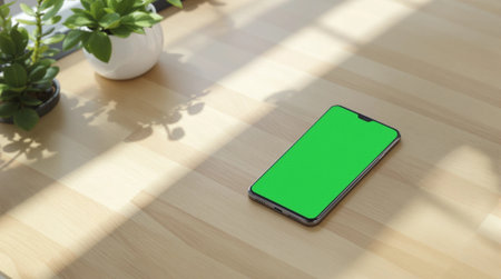Smartphone with green screen on wooden table. 3d rendering.の素材