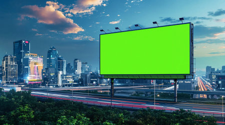 Blank billboard on the road with cityscape background at night.の素材