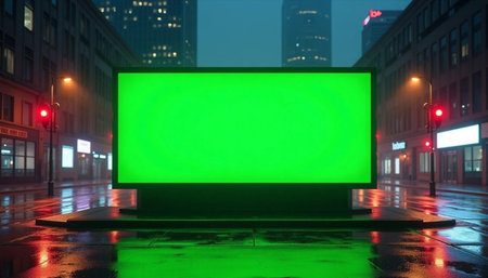 Laptop with green screen on city street at night. Mock up, 3D Renderingの素材