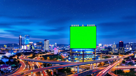 Blank billboard on the highway with cityscape background at night.の素材