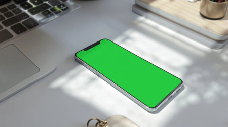 Mockup image of smartphone with green screen on white office deskの素材