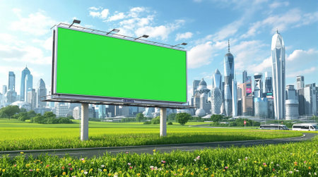 Blank green billboard on the road with cityscape background. 3d renderingの素材