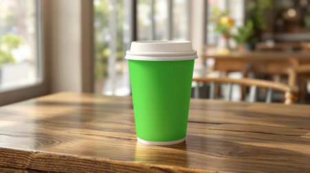 Green paper coffee cup on wooden table in cafe. 3d renderingの素材