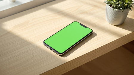 Mockup image of a smartphone with green screen on a wooden table.の素材