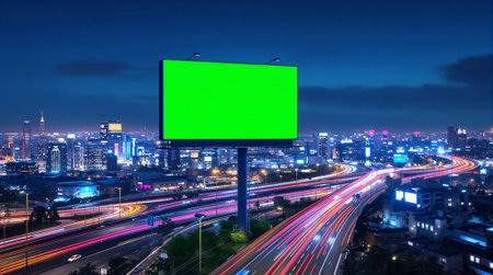 Blank green billboard on highway with cityscape background at night. Street advertising poster, mock up, 3D rendering. Front view. The concept of marketing communication to promote or sell idea.の素材