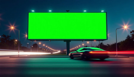Blank billboard on the road with motion blur car light trails.の素材