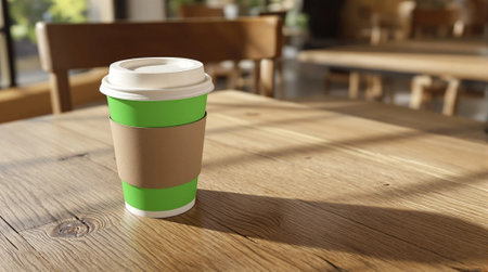Coffee cup on wooden table in cafe. 3d renderingの素材