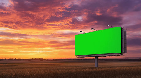 Blank green billboard on field at sunset. 3d rendering.の素材