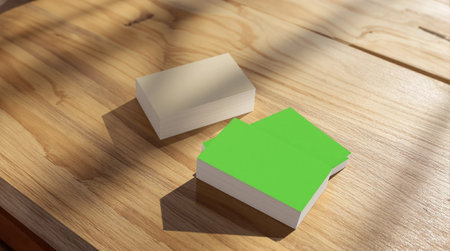 Green business cards on wooden table. Mockup for branding identity.の素材