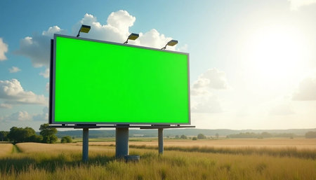 Blank green billboard on the field. 3d render. Green screen.の素材