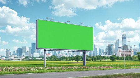 Blank green billboard on road with cityscape background. Street advertising concept. 3D rendering.の素材